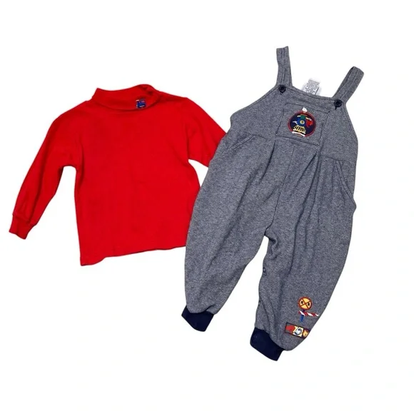 Vintage 90’s Pin Stripe Train Embroidered Overall Set Boys 18M Turtleneck Fall - Picture 3 of 8